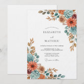 Terracotta Blue Painterly Flora Wedding 招待状 (正面/裏面)