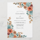 Terracotta Blue Painterly Flora Wedding 招待状 (正面)