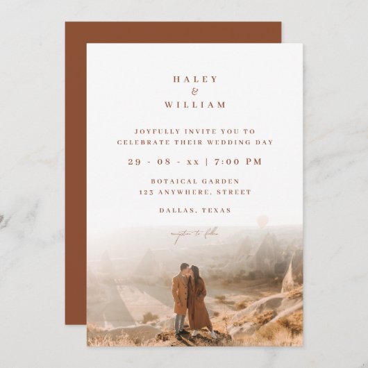 Terracotta Bohoミニマリストのスクリプト写真結婚の数 招待状 (正面/裏面)