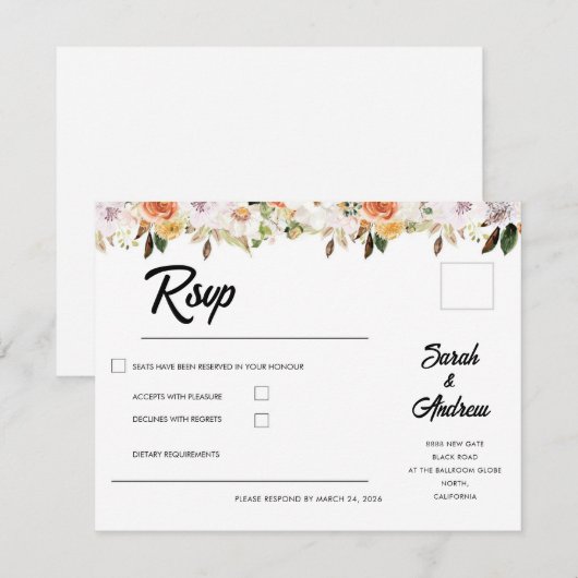 Terracotta Boho Autumn Floral Wedding 出欠カード (正面/裏面)