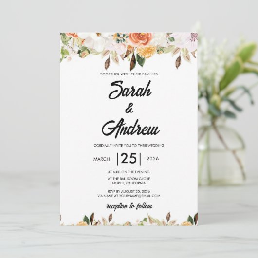 Terracotta Boho Autumn Floral Wedding 招待状 (スタンド正面)