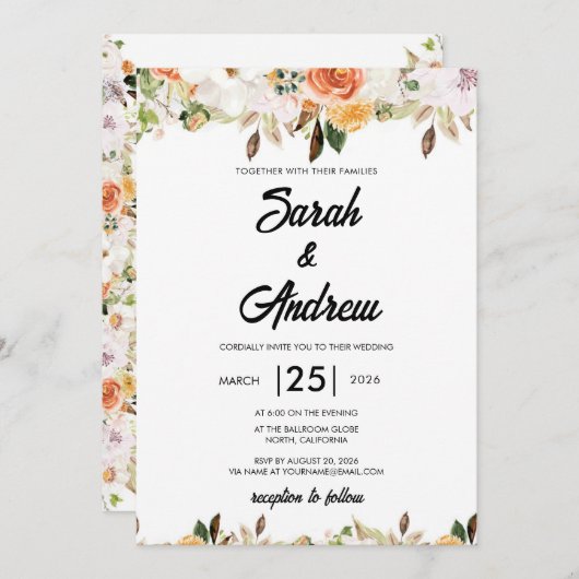 Terracotta Boho Autumn Floral Wedding 招待状 (正面/裏面)