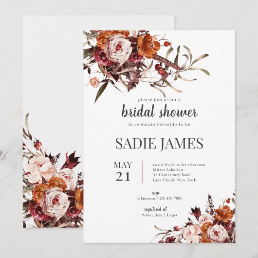 Terracotta Boho Floral Bridal Shower Invitation 招待状 (正面/裏面)