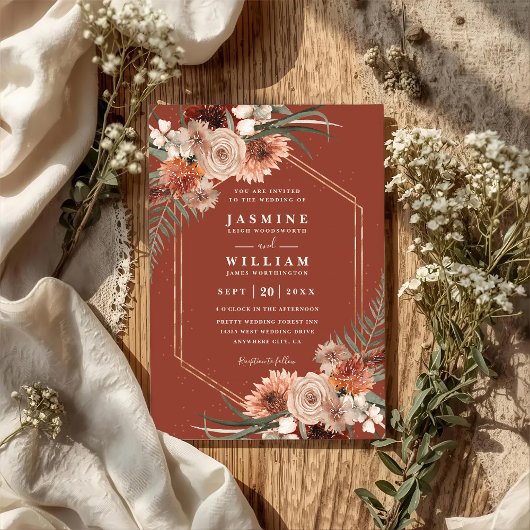 Terracotta Boho Floral Elegant QR Code Wedding 招待状