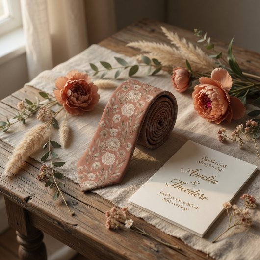 Terracotta Boho Floral Sketch Peony Botanical ネクタイ