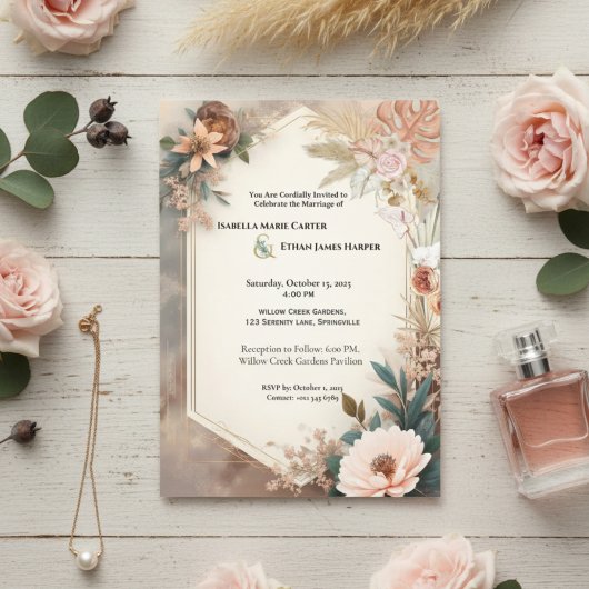 Terracotta Boho Floral Wedding Invite 招待状