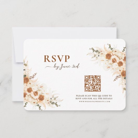 Terracotta Boho Floral Wedding RSVP with QR Code (正面)