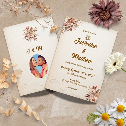 Terracotta Boho Pampas Floral Wedding 招待状