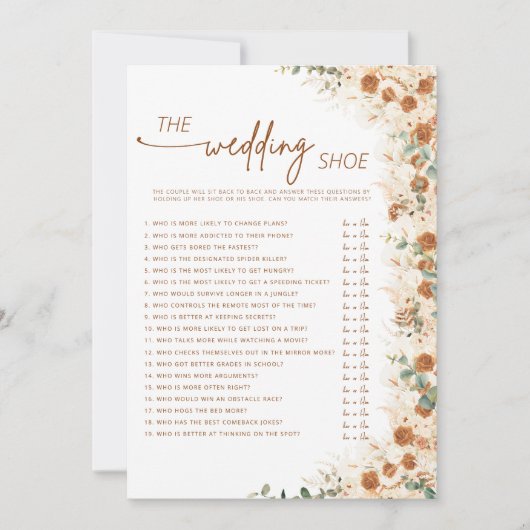 Terracotta Boho Pampas Floral Wedding Shoe Game  (正面)