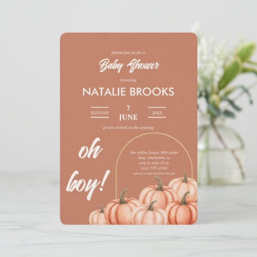 Terracotta Boho Pumpkin Fall Baby Shower 招待状 (スタンド正面)