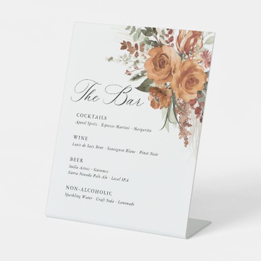 Terracotta Boho Rose Floral Wedding Bar Menu 台座サイン (正面)