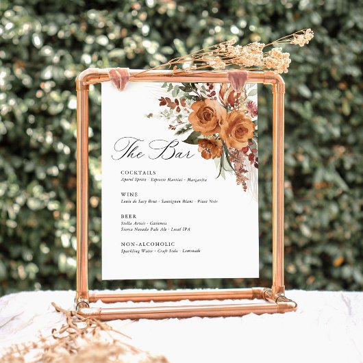 Terracotta Boho Rose Floral Wedding Bar Menu 台座サイン
