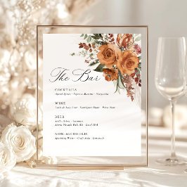 Terracotta Boho Rose Floral Wedding Bar Menu 台座サイン