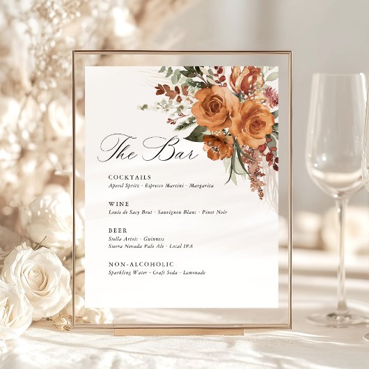 Terracotta Boho Rose Floral Wedding Bar Menu 台座サイン