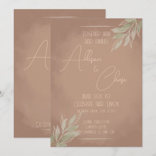 Terracotta Boho Wedding Invitation with Minimalist 招待状 (正面/裏面)