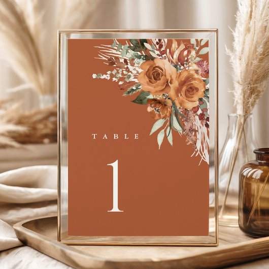 Terracotta Boho Wedding Table Numbers, Rose Floral