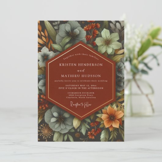 Terracotta Botanical Autumn Wedding 招待状 (スタンド正面)