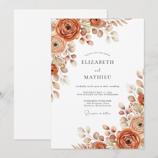 Terracotta Botanical Fall Wedding 招待状 (正面/裏面)