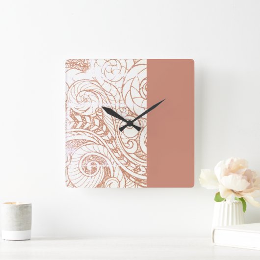 Terracotta Botanical Swirl Modern スクエア壁時計 (ホーム)