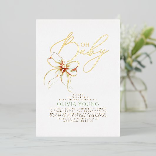 Terracotta Bow Fall Gender Neutral Baby Shower 箔招待状 (立ち正面)