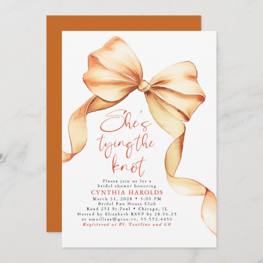 Terracotta Bow She's Tying the Knot Bridal Shower 招待状 (正面/裏面)