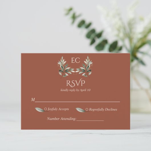 Terracotta Branch Monogram Wedding 出欠カード (スタンド正面)