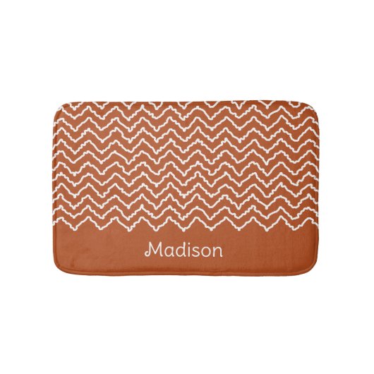 Terracotta Brown Squiggly Chevron Zigzag With Name バスマット (正面)