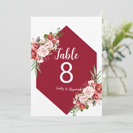 Terracotta Burgundy Blush Floral Table Number (スタンド正面)