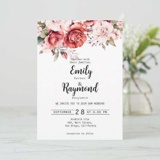 Terracotta Burgundy Blush Floral Wedding  招待状 (スタンド正面)