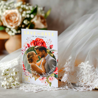 Terracotta Burgundy Blush Floral Wedding Photo  箔招待状