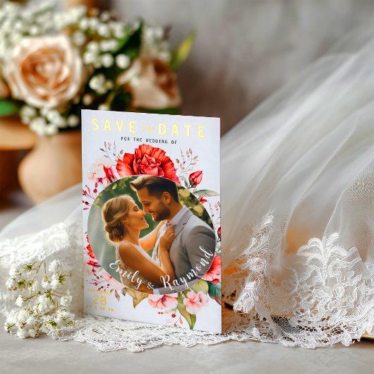 Terracotta Burgundy Blush Floral Wedding Photo  箔招待状