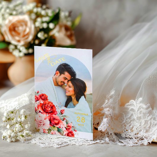 Terracotta Burgundy Blush Floral Wedding Photo 箔招待状