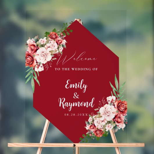 Terracotta Burgundy Blush Floral Wedding Welcome  アクリルサイン (ニュートラル)