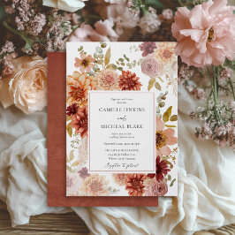 Terracotta Burgundy Fall Floral Wedding Invitation 招待状