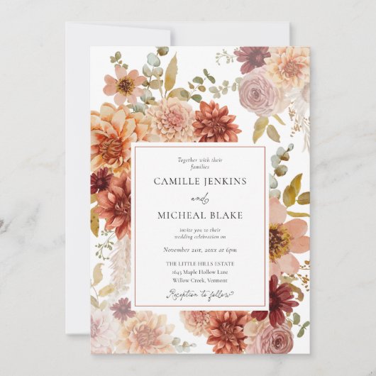 Terracotta Burgundy Fall Floral Wedding Invitation 招待状 (正面)