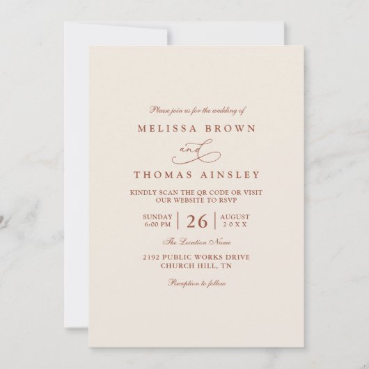 Terracotta Burnt Modern Boho Chic QR Code Wedding 招待状 (正面)