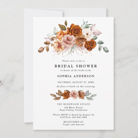 Terracotta Burnt Orange Floral Bridal Shower 招待状 (正面)