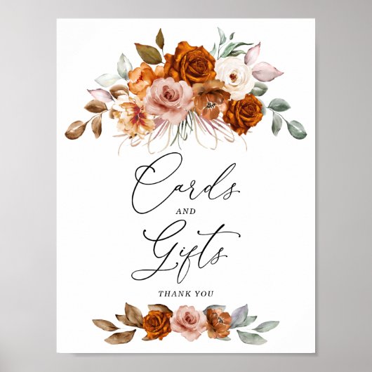 Terracotta Burnt Orange Floral Cards & Gifts Sign ポスター (正面)