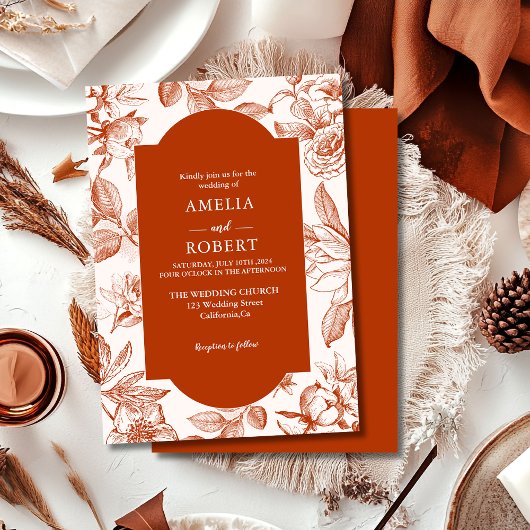 Terracotta burnt orange floral Fall Wedding 招待状