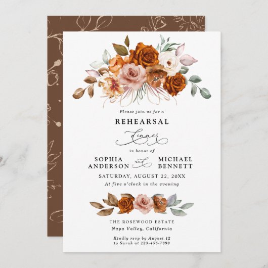 Terracotta Burnt Orange Floral Rehearsal Dinner 招待状 (正面/裏面)