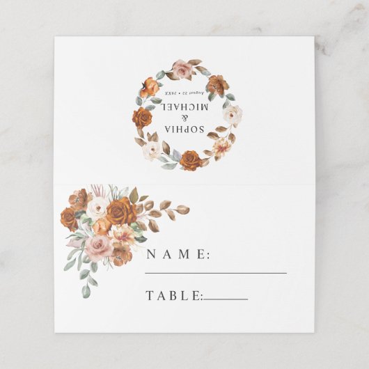 Terracotta Burnt Orange Floral Wedding プレイスカード (外部開封)