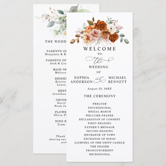 Terracotta Burnt Orange Floral Wedding プログラム (正面/裏面)