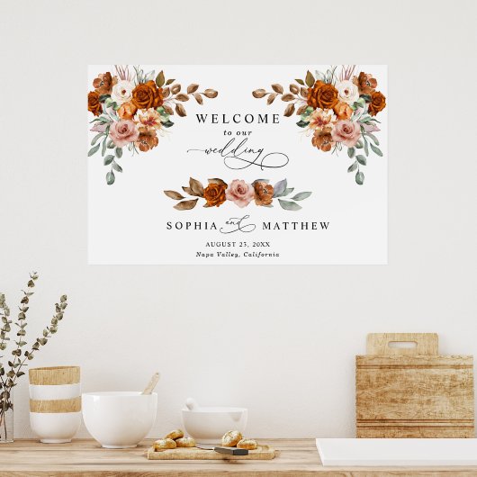 Terracotta Burnt Orange Floral Wedding ポスター (キッチン)