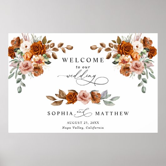 Terracotta Burnt Orange Floral Wedding ポスター (正面)
