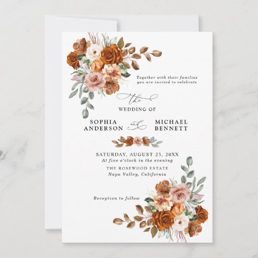 Terracotta Burnt Orange Floral Wedding 招待状 (正面)