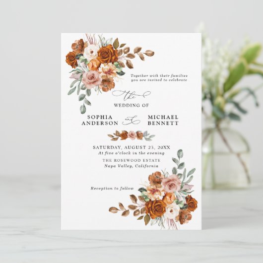 Terracotta Burnt Orange Floral Wedding 招待状 (スタンド正面)