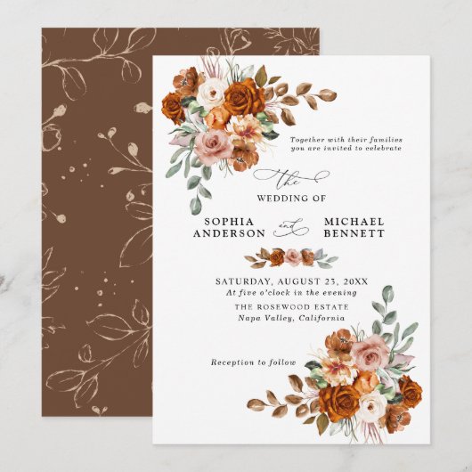 Terracotta Burnt Orange Floral Wedding 招待状 (正面/裏面)