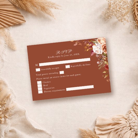 Terracotta Burnt Orange Floral Wedding RSVP Card