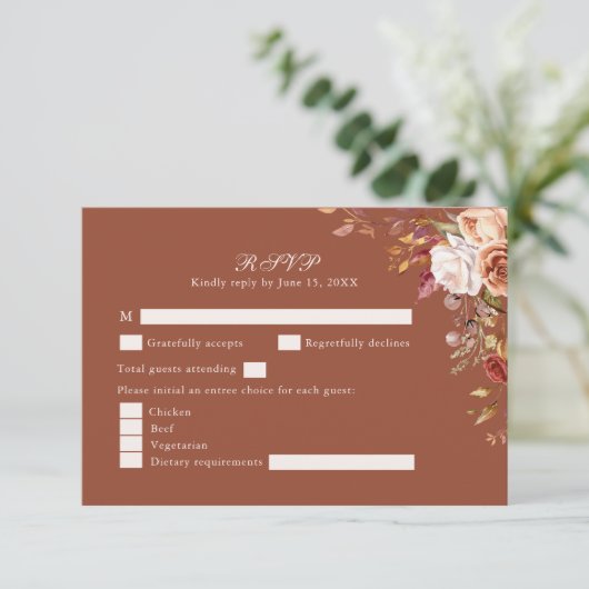 Terracotta Burnt Orange Floral Wedding RSVP Card (スタンド正面)