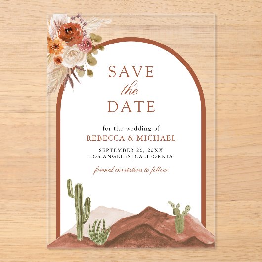 Terracotta Desert Cactus Wedding Save the Date アクリル招待状 (正面)